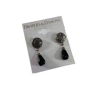 Drapers & Damons Earrings Dangle Tear Drop Black Silver Tone Ornate 1.5" Long